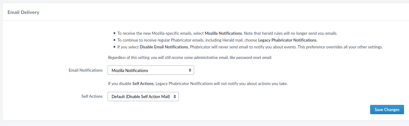 Screenshot of the setting to enable Mozilla Phabricator emails