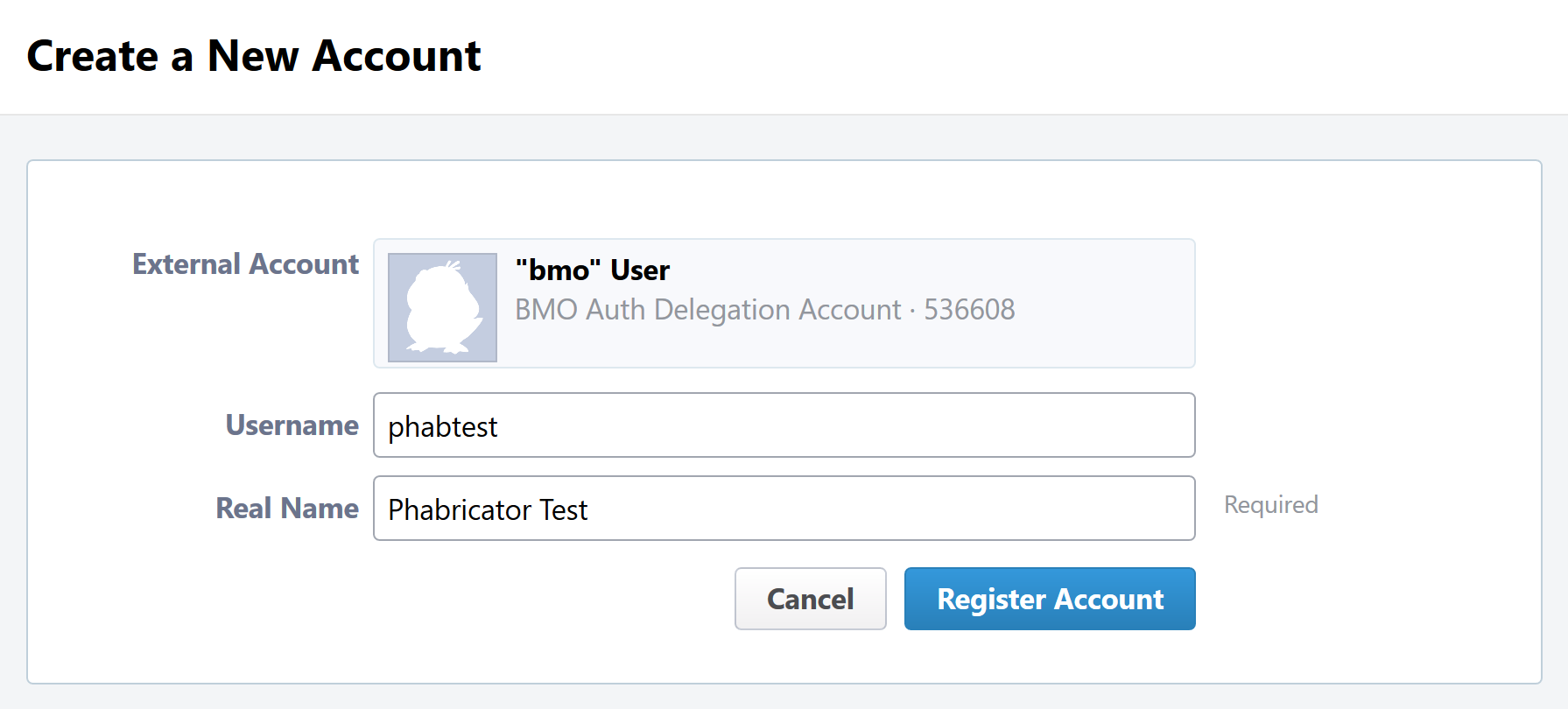Screenshot of account-creation form